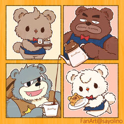  1:1 2023 anthro apron bear bow_tie brew_(kumalino) brown_body brown_fur chibi clothing cute_fangs drip_(kumalino) fur grey_body grey_fur group hat headgear headwear kemono kumalino male mammal open_mouth roast_(kumalino) sanrio sayolino scar syrup_(kumalino) 