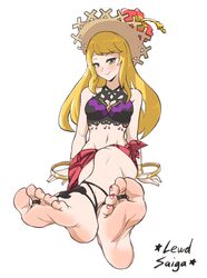  absurdres arm_support artist_name barefoot barefoot_sandals_(jewelry) blonde_hair bracelet breasts chelle_(dragalia_lost) cleavage cleavage_cutout closed_mouth clothing_cutout commission crossed_legs dragalia_lost feet female foot_focus green_eyes hat highres jewelry large_breasts lewdsaiga long_hair looking_at_viewer nail_polish red_nails red_skirt simple_background sitting skirt smile soles solo straw_hat swimsuit toe_ring toenail_polish toenails toes white_background 