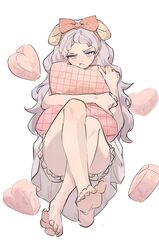  annoyed barefoot closed_mouth crossed_legs dress female full_body grey_eyes grey_hair highres holding holding_pillow kimura_731 knees legs long_hair looking_at_viewer original pillow simple_background solo toenails toes v-shaped_eyebrows white_background white_dress 