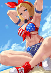  abs american_flag american_flag_bikini american_flag_print armpits arms_behind_head bare_shoulders beach bikini blonde_hair blue_eyes blue_mary bob_cut bow breasts fatal_fury female flag_print front-tie_bikini_top front-tie_top hairbow headphones headphones_around_neck highres large_breasts looking_at_viewer midriff muscular muscular_female navel outdoors print_bikini revision shoes short_hair short_shorts shorts smile sneakers snk solo sweat swimsuit the_king_of_fighters the_king_of_fighters_all-stars yagi2013 