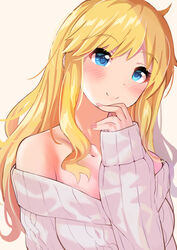  blonde_hair blue_eyes blush breasts female fingernails highres idolmaster idolmaster_cinderella_girls koukoku long_hair looking_ahead medium_breasts nail_polish off-shoulder_sweater off_shoulder ohtsuki_yui ribbed_sweater simple_background smile solo sweater upper_body very_long_hair white_background white_sweater 