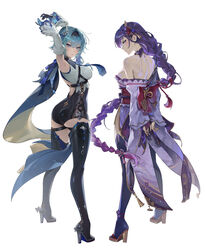  2girls absurdres ankle_flower arms_behind_back arms_up ass ass_focus back back_cutout bare_shoulders black_footwear black_gloves black_hairband black_shorts blue_cape blue_hair blue_necktie blue_thighhighs boots braid breasts bridal_gauntlets cape closed_mouth clothing_cutout commentary commission detached_sleeves english_commentary eula_(genshin_impact) floating_hair flower from_behind from_side full_body genshin_impact gloves gradient_hair hair_ornament hairband high-waist_shorts high_heel_boots high_heels highres japanese_clothes kimono korean_commentary long_braid long_hair looking_at_viewer medium_breasts mixed-language_commentary mole mole_under_eye multicolored_hair multiple_girls necktie obijime off_shoulder pixiv_commission purple_eyes purple_flower purple_hair purple_kimono purple_nails raiden_shogun rhtkd shirt shorts simple_background sleeveless sleeveless_shirt thick_thighs thigh_boots thighhighs thighs very_long_hair white_background white_shirt white_sleeves wide_sleeves 