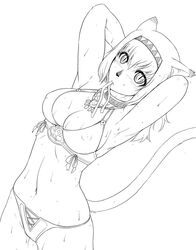  adventurer_(ff11) animal_ears animal_nose arms_up bikini breasts cat_ears cat_girl cat_tail cleavage commentary_request covered_nipples female final_fantasy final_fantasy_xi gochou_(kedama) greyscale hair_between_eyes hair_tie hair_tie_in_mouth hairband line_art medium_breasts medium_hair mithra_(ff11) monochrome mouth_hold navel simple_background solo swimsuit tail tail_raised white_background 