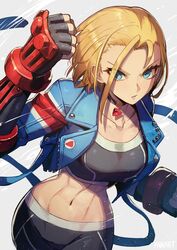  armored_gloves blonde_hair blue_eyes blue_jacket breasts cammy_white choker collarbone commentary_request crop_top cropped_jacket curtained_hair english_text female grey_background highres jacket kuroi_susumu large_breasts navel open_clothes open_jacket serious short_hair simple_background single_vambrace solo street_fighter street_fighter_6 vambraces yellow_choker 