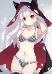  absurdres azur_lane bare_arms bare_shoulders black_cloak black_thighhighs blush bow bow_bra bow_panties bra breasts cloak closed_mouth collarbone commentary_request commission erebus_(azur_lane) female grey_bra grey_hair grey_panties hand_up highres hinata_(user_rjkt4745) hood hood_up hooded_cloak long_hair nail_polish navel panties pixiv_commission plaid plaid_bra plaid_panties red_eyes red_nails small_breasts solo thighhighs torn_cloak torn_clothes underwear 