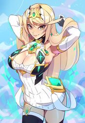  armpits bare_shoulders blonde_hair breasts chest_jewel cleavage dress earrings elbow_gloves female gloves headpiece highres jewelry large_breasts long_hair looking_at_viewer mythra_(xenoblade) pimozzarella swept_bangs thick_eyebrows tiara very_long_hair xenoblade_chronicles_(series) xenoblade_chronicles_2 yellow_eyes 