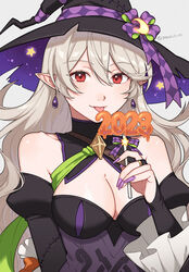  2023 :p bare_shoulders black_dress black_hat breasts bridal_gauntlets cleavage commentary_request corrin_(female)_(fire_emblem) corrin_(female)_(halloween)_(fire_emblem) corrin_(fire_emblem) dress female fire_emblem fire_emblem_fates fire_emblem_heroes frilled_sleeves frills grey_hair halloween halloween_costume hand_up hat highres holding juliet_sleeves long_hair long_sleeves looking_at_viewer nail_polish off-shoulder_dress off_shoulder official_alternate_costume peach11_01 pointy_ears puffy_sleeves purple_nails red_eyes smile solo tongue tongue_out upper_body very_long_hair witch witch_hat 