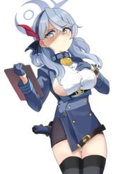  ako_(blue_archive) black_skirt black_thighhighs blue_archive blue_eyes blue_hair blue_jacket breasts commentary female gun halo handgun highres inapple jacket large_breasts looking_at_viewer luger_p08 shirt sideless_outfit sideless_shirt skirt solo thighhighs thighs weapon white_shirt 