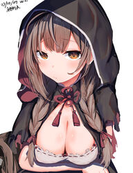  absurdres black_capelet braid breasts brown_eyes brown_hair capelet character_name cleavage dated female frilled_shirt frills highres hood hooded_capelet kantai_collection large_breasts mok4suke shinshuu_maru_(kancolle) shirt solo twin_braids upper_body 