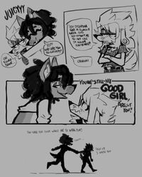  4:5 4_panel_comic alternative_fashion anthro bedroom_eyes blush blush_lines canid canine canis clothing devin_(yungyiff) dialogue dobermann domestic_dog dreadlocks duo ear_piercing english_text eyewear fangs female floppy_ears flustered gauged_ear german_shepherd glasses good_girl goth greyscale gynomorph_(lore) half-closed_eyes herding_dog humor juicy_(juicyghost) juicyghost male mammal monochrome narrowed_eyes open_mouth open_smile pastoral_dog piercing pinscher seductive shirt smile smirk smug smug_face smug_grin speech_bubble t-shirt teeth text topwear trans_(lore) trans_woman_(lore) wide_eyed 