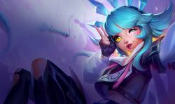  absurdres black_gloves black_hoodie black_pants commentary crop_top cropped_hoodie english_commentary female fingerless_gloves flipped_hair gloves green_hair heart highres hood hoodie k/da_neeko knees_up league_of_legends midriff navel neeko_(league_of_legends) official_alternate_costume official_art pants pink_lips short_sleeves smile solo staff teamfight_tactics teeth yellow_eyes 