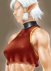  adventurer_(ff11) bare_shoulders blue_eyes breasts brown_background colored_eyelashes commentary_request covered_nipples crop_top elf elvaan female final_fantasy final_fantasy_xi frown gochou_(kedama) medium_breasts midriff muscular muscular_female no_lineart parted_lips pointy_ears short_hair single_hair_tube solo upper_body white_hair 