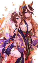  2girls animal_ears autumn autumn_leaves bare_shoulders blue_eyes blush breasts brown_hair detached_sleeves ear_covers ear_ornament hair_between_eyes highres horse_ears horse_girl large_breasts leaf long_hair maple_leaf multicolored_hair multiple_girls official_alternate_costume one_eye_closed open_mouth purple_eyes ribbon-trimmed_sleeves ribbon_trim sarashi smile socks symboli_rudolf_(archer_of_the_white_moon)_(umamusume) symboli_rudolf_(umamusume) tokai_teio_(dream_butterfly_of_purple_clouds)_(umamusume) tokai_teio_(umamusume) two-tone_hair umamusume white_hair white_socks wide_sleeves yoshida_(ne) 