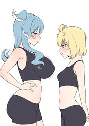  2girls ahoge aqua_eyes arm_behind_back bare_arms bare_shoulders bike_shorts black_sports_bra blonde_hair blue_hair blue_nails blue_wings blush bob_cut breast_envy breasts cipher4109 covered_groin covered_nipples elira_pendora from_side green_eyes hair_over_one_eye hand_on_own_hip head_wings highres large_breasts long_hair medium_support_(meme) meme midriff millie_parfait mole mole_on_armpit motion_lines multicolored_hair multiple_girls nail_polish naughty_face nijisanji nijisanji_en one_eye_covered pout profile short_hair simple_background skindentation small_breasts sports_bra virtual_youtuber white_background white_hair wings 