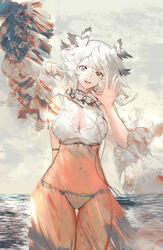  absurdres arknights bikini breasts brown_eyes cleavage cowboy_shot female grey_sky hand_up highres huibai_bri large_breasts looking_at_viewer medium_hair navel open_mouth outdoors overcast owl_ears ptilopsis_(arknights) sky solo stomach swimsuit thigh_gap wading water waving white_bikini white_hair 