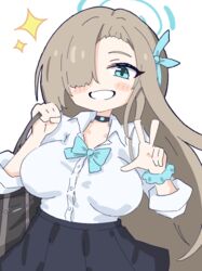  absurdly_long_hair asuna_(blue_archive) bad_id bad_pixiv_id bag blue_archive blue_bow blue_bowtie blue_eyes blue_halo blue_nails blue_ribbon blue_scrunchie bow bowtie breasts buttons collared_shirt female grin hair_over_one_eye hair_ribbon halo large_breasts light_brown_hair long_hair looking_at_viewer nail_polish pleated_skirt ribbon school_uniform scrunchie shirt shoes simple_background skirt smile socks solo umihio v very_long_hair white_background white_shirt wrist_scrunchie 