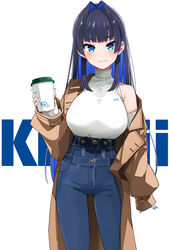  :3 ass_visible_through_thighs blue_eyes blue_hair blue_nails blue_pants blunt_bangs blush boros_(ouro_kronii) breasts brown_coat character_name coat colored_inner_hair cup denim detached_sleeves ear_piercing female hair_intakes haseneko high-waist_pants highres holding holding_cup hololive hololive_english jeans large_breasts long_hair long_sleeves looking_at_viewer multicolored_hair nail_polish oerba_yun_fang official_alternate_costume open_clothes open_coat ouro_kronii ouro_kronii_(casual) pants piercing shirt simple_background smile solo trench_coat turtleneck two-tone_hair very_long_hair virtual_youtuber white_shirt 