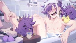  1boy banzoin_hakka barefoot bath_bomb bathing bathroom bathtub bird blush bucket closed_eyes dangle_earrings earrings fangs feather_hair_ornament feathers hair_between_eyes hair_bun hair_ornament hakkito_(banzoin_hakka) highres hiropon_(owo_hiropon) holostars holostars_english jewelry legs_up long_hair male_focus multicolored_hair nipples nude open_mouth partially_submerged pectorals purple_hair purple_nails rubber_duck sigh steam streaked_hair teeth toes virtual_youtuber water white_hair 