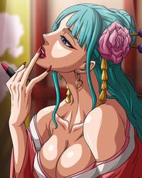  applying_makeup aqua_hair bare_shoulders bbdbg03 blue_eyes braid cosmetics earrings female flower hair_flower hair_ornament hair_stick heart heart_earrings highres holding holding_lipstick_tube jewelry kouzuki_hiyori lips lipstick lipstick_tube long_hair makeup nail_polish one_piece open_mouth pink_flower red_lips red_nails signature solo teeth 