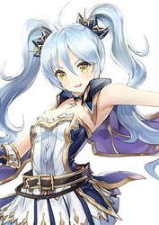  :d ahoge armpits belt black_gloves blue_hair cape dot_nose female gloves highres king&#039;s_raid light_blue_hair long_hair looking_at_viewer open_mouth ruba_(akiraoe_84) simple_background skirt smile solo sonia_(king&#039;s_raid) twintails white_background white_skirt yellow_eyes 