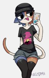  anthro beanie blue_body blue_fur calico_cat cellphone clothed clothing digital_media_(artwork) domestic_cat electronics epic_games felid feline felis female flat_chested fortnite fur hair half-life hat headgear headwear legwear mammal meow_skulls_(fortnite) nezumiminsfw_(artist) orange_body orange_fur phone red_dead_(series) rockstar_games shirt simple_background slim smartphone solo t-shirt tail team_fortress_2 thick_thighs thigh_highs topwear valve white_body white_fur wide_hips 