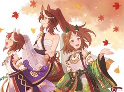  3girls animal_ears bare_shoulders chest_sarashi closed_eyes commentary_request detached_sleeves ear_covers falling_leaves hair_between_eyes highres horse_ears horse_girl horse_tail japanese_clothes kimono leaf long_sleeves multicolored_hair multiple_girls official_alternate_costume official_alternate_hairstyle open_mouth purple_eyes rio_(rio_067) sarashi streaked_hair symboli_rudolf_(archer_of_the_white_moon)_(umamusume) symboli_rudolf_(umamusume) tail tokai_teio_(dream_butterfly_of_purple_clouds)_(umamusume) tokai_teio_(umamusume) tsurumaru_tsuyoshi_(a_smile_sent_from_heaven)_(umamusume) tsurumaru_tsuyoshi_(umamusume) umamusume white_hair white_kimono 