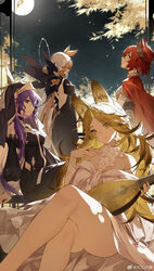  4girls absurdres animal_ears arknights back backless_dress backless_outfit bare_shoulders blonde_hair butterfly_over_eye cape cat_ears cat_girl closed_mouth commentary_request crossed_legs dorothy_(arknights) dorothy_(hand_of_destiny)_(arknights) dress fiammetta_(arknights) fiammetta_(divine_oath)_(arknights) flower full_moon grey_shirt habit highres holding holding_instrument instrument jiusan_naitang juliet_sleeves long_hair long_sleeves looking_at_viewer looking_back moon mouse_ears mouse_girl multiple_girls night nun off-shoulder_dress off_shoulder official_alternate_costume parted_bangs parted_lips puffy_sleeves purple_eyes purple_hair quercus_(arknights) quercus_(the_bard&#039;s_tale)_(arknights) red_cape red_eyes red_hair shirt sideways_glance sitting smile whisperain_(arknights) whisperain_(priory_of_abyss)_(arknights) white_dress white_flower white_veil yellow_eyes 