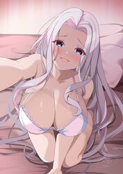  absurdres azur_lane bed blush bra breasts cleavage female grey_hair highres kneeling large_breasts long_hair looking_at_viewer on_bed origami_aya pillow reaching reaching_towards_viewer smile solo underwear underwear_only white_bra yorktown_(azur_lane) 