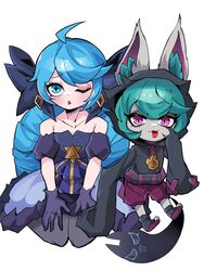  2girls :o :p bare_shoulders beseunaj-jamjaneun_gemdol-i black_bow black_dress black_hoodie blue_hair bow collarbone detached_sleeves dress ears_through_headwear frilled_dress frills gloves green_eyes grey_dress gwen_(league_of_legends) hairbow highres hood hood_up hoodie league_of_legends multiple_girls pink_eyes pink_shorts purple_gloves seiza shorts simple_background sitting slit_pupils smile swept_bangs toeless_footwear tongue tongue_out vex_(league_of_legends) white_background yordle 