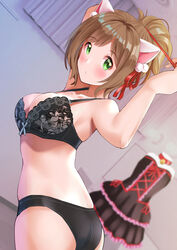  animal_ears black_bra black_dress black_panties blush bra breasts brown_hair cleavage dress embroidered_bra fake_animal_ears feline female green_eyes idolmaster idolmaster_cinderella_girls indoors koukoku looking_at_viewer looking_back maekawa_miku mannequin medium_breasts panties ponytail solo twisted_torso underwear unworn_dress 