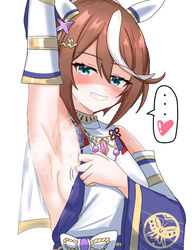  ... animal_ears armpits blue_eyes breasts brown_hair commentary_request detached_sleeves ear_covers ear_ornament female hair_between_eyes heart highres horse_ears horse_girl japanese_clothes jewelry kimono long_sleeves multicolored_hair necklace official_alternate_costume official_alternate_hairstyle presenting_armpit short_hair simple_background small_breasts solo spoken_ellipsis spoken_heart streaked_hair tokai_teio_(dream_butterfly_of_purple_clouds)_(umamusume) tokai_teio_(umamusume) tsumu618 umamusume white_background white_hair white_kimono 