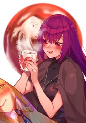  artoria_pendragon_(fate) artoria_pendragon_(swimsuit_ruler)_(fate) black_sweater blush breasts brown_jacket coffee_mug commentary_request cup dakimakura_(object) fate/grand_order fate_(series) female highres jacket jacket_on_shoulders jewelry large_breasts long_hair mitsurugi_sugar mug necklace open_mouth pillow purple_hair red_eyes scathach_(fate) smile solo sweater turtleneck turtleneck_sweater 