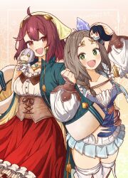  2girls :d atelier_(series) atelier_firis atelier_sophie blue_shirt braid breasts brown_hair cleavage coat collared_coat corset cross-laced_clothes crystal_hair_ornament doll firis_mistlud green_coat green_eyes headscarf highres holding holding_doll jewelry liane_mistlud long_coat multiple_girls necklace plachta red_hair red_skirt shirt skirt smile sophie_neuenmuller thighhighs underbust yurai0739 