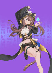  ;d absurdres ankh arknights arm_up black_footwear black_jacket black_shorts blue_eyes brown_hair brown_tail commentary crop_top cropped_jacket crystal enaga_(bilibili_5713976) female flower foot_out_of_frame hand_up head_chain hieroglyphics highres hood hood_up hooded_jacket infection_monitor_(arknights) jacket jewelry leg_up long_hair long_sleeves looking_at_viewer navel no_socks o-ring o-ring_thigh_strap one_eye_closed open_clothes open_jacket open_mouth pepe_(arknights) purple_background sandals shorts smile solo standing standing_on_one_leg tail tail_ornament tail_ring thigh_strap toeless_footwear toes white_flower yellow_jacket 