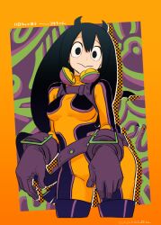  alternate_color artist_name asui_tsuyu belt black_hair bodysuit boku_no_hero_academia boots border breasts chest_harness frog_girl gloves hair_between_eyes halloween harness long_hair looking_at_viewer medium_breasts multicolored_background no_headwear ohhhhhhtsu orange_bodysuit orange_border purple_belt purple_gloves thigh_boots very_long_hair 