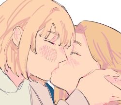  2girls blonde_hair blush bright_pupils closed_eyes dohwa110 dungeon_meshi elf falin_touden falin_touden_(tallman) from_side hand_on_another&#039;s_ear kissing long_hair looking_at_another marcille_donato multiple_girls pointy_ears short_hair simple_background upper_body white_background white_pupils yuri 