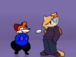  anthro blue_clothing blue_jacket blue_topwear canid canine clothing duo fox hands_in_both_pockets jacket male male/male mammal purple_eyes soups_(superiorfox) standing staring_into_eyes topwear zoryx zoryxwashere 