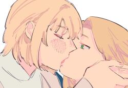  2girls blonde_hair blush bright_pupils closed_eyes dohwa110 dungeon_meshi elf falin_touden falin_touden_(tallman) french_kiss from_side green_eyes hand_on_another&#039;s_ear kissing long_hair looking_at_another marcille_donato multiple_girls pointy_ears short_hair simple_background tongue upper_body white_background white_pupils yuri 