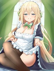  absurdres bimmy blonde_hair blue_eyes breasts cleavage commentary female grin highres indoors large_breasts long_hair looking_at_viewer maid maid_headdress naughty_face neptune_(series) seductive_smile smile solo teeth thighhighs thighs vert_(neptunia) very_long_hair 