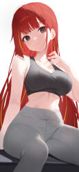  akane_lize bare_shoulders blonde_hair breasts closed_mouth collarbone female grey_eyes grey_leggings hand_up highres huhi_(huhi_1211) leggings long_hair looking_at_viewer midriff multicolored_hair pants red_hair simple_background sitting solo stellive streaked_hair sweat virtual_youtuber white_background yoga_pants 