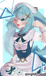  ;d alternate_costume apron aqua_hair blue_dress blush commentary_request dress enmaided faruzan_(cafe)_(genshin_impact) faruzan_(genshin_impact) female fingernails frilled_apron frills genshin_impact green_eyes hair_ornament hand_up highres j4ck long_hair maid maid_headdress official_alternate_costume one_eye_closed puffy_short_sleeves puffy_sleeves see-through see-through_sleeves short_sleeves skirt_hold smile solo symbol-shaped_pupils triangle-shaped_pupils twintails twitter_username very_long_hair waist_apron white_apron white_sleeve_cuffs x_hair_ornament 