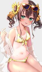  ahoge bikini blue_eyes breasts brown_hair female flower front-tie_bikini_top front-tie_top hair_between_eyes hair_flower hair_ornament highres hololive medium_hair mesh nanahoshi_(n_bl08) natsuiro_matsuri natsuiro_matsuri_(summer_2020) official_alternate_costume one-piece_tan open_clothes open_shirt shirt side-tie_bikini_bottom sitting small_breasts smile solo sunflower sunflower_hair_ornament swimsuit tan tanlines tongue tongue_out twintails virtual_youtuber white_shirt yellow_bikini 