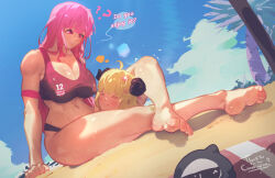  2girls ? absurdres ahoge alternate_costume barefoot beach beach_mat bikini blonde_hair blue_sky blush breasts cleavage cloud commission covered_nipples crossed_legs death-sensei_(mori_calliope) english_text head_between_thighs heart highres hololive hololive_english horns large_breasts long_hair mori_calliope multiple_girls navel palm_tree pink_armband pink_eyes pink_hair sand sheep_horns shiny_skin skindentation sky slepslart soles swimsuit thick_thighs thighs tree tsunomaki_watame virtual_youtuber 