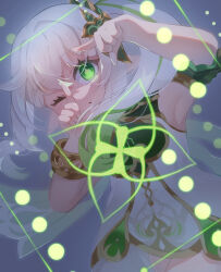  armpits bare_shoulders bracelet commentary_request cowboy_shot detached_sleeves dress female finger_frame genshin_impact gold_trim gradient_hair green_eyes green_hair hair_between_eyes hair_ornament highres j4ck jewelry long_hair looking_at_viewer multicolored_hair nahida_(genshin_impact) one_eye_closed side_ponytail sleeveless sleeveless_dress solo star-shaped_pupils star_(symbol) symbol-shaped_pupils white_dress white_hair 