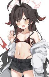  :d ahoge bare_shoulders bikini bikini_top_pull black_hair black_horns black_shorts blue_archive blush breasts coat commentary_request cowboy_shot demon_horns demon_tail female hair_intakes halo highleg highleg_bikini horns kasumi_(blue_archive) lab_coat long_hair long_sleeves looking_at_viewer navel nifuji open_clothes open_mouth short_shorts shorts sleeves_past_fingers sleeves_past_wrists small_breasts smile solo standing stomach string_bikini swimsuit tail very_long_hair white_background white_coat yellow_eyes 