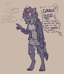  anthro barking blush canid canine canis claws clothed clothing embarrassed english_text female fur hoodie hrt mammal mid_transformation midriff monochrome multi_nipple nipples offscreen_character oops public solo speech_bubble text topwear trans_(lore) trans_woman_(lore) transformation vanillayote wolf 