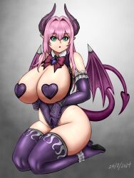  borrowed_character breastless_clothes breastless_leotard breasts cattleya_(houtengeki) covered_nipples demon_girl demon_horns demon_tail demon_wings female gloves hair_intakes heart_pasties highres horns huge_breasts jangogk87 leotard long_hair looking_at_viewer original pasties plump pointy_ears purple_gloves purple_horns purple_leotard purple_thighhighs purple_wings solo tail thighhighs thighs wings 