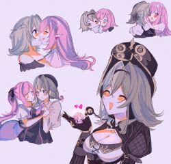  2girls @_@ adoblvone alternate_costume black_beret black_dress black_headband blue_eyes breasts brown_hair brown_shirt chewing chibi cleavage cropped_torso dress earrings elf elysia_(honkai_impact) elysia_(miss_pink_elf)_(honkai_impact) english_commentary grey_eyes hair_intakes hands_on_another&#039;s_face hat headband heart heart_earrings highres holding_chibi holding_hands honkai_(series) honkai_impact_3rd imminent_kiss jewelry large_breasts multiple_girls multiple_views necktie open_mouth pink_necktie pointy_ears ponytail purple_background shirt smile top_hat upper_body vill-v yuri 