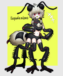  +++ absurdres antennae arthropod_girl arthropod_limbs blonde_hair commentary_request female full_body highres long_hair looking_at_viewer monster_girl nicoq_(koikoihaihai) original red_eyes simple_background solo wasp_girl yellow_background 