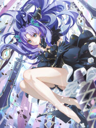  aopix_001 aqua_ribbon bare_shoulders black_dress black_footwear black_gloves blue_eyes dress elbow_gloves ereshkigal_(fate) fate/grand_order fate_(series) female frown full_body gloves hair_ornament hair_ribbon high_heels highres long_hair looking_at_viewer parted_bangs purple_hair ribbon solo space_ereshkigal_(fate) space_ereshkigal_(second_ascension)_(fate) strapless two_side_up very_long_hair 